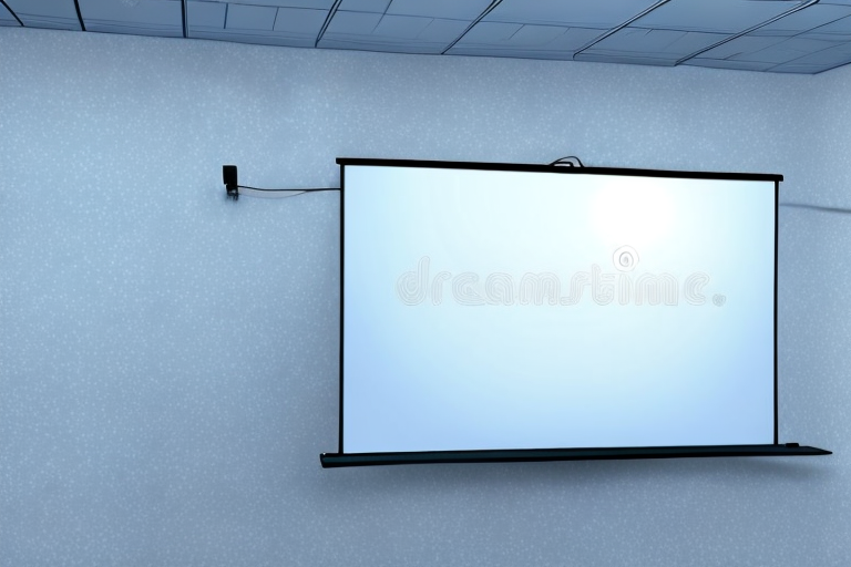 A projector screen hanging from a drywall ceiling