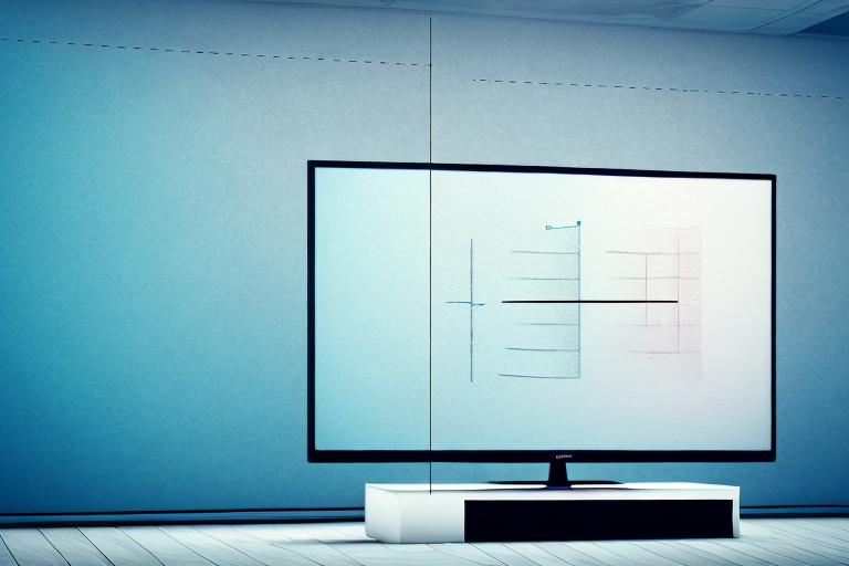 A large tv screen with a ruler placed in front of it to show the viewing distance