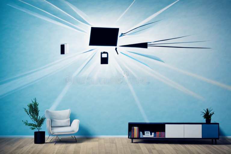 A living room with a projector mounted on the wall