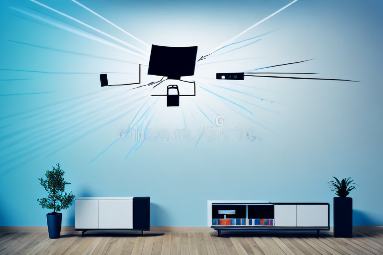 A living room with a projector mounted on the wall