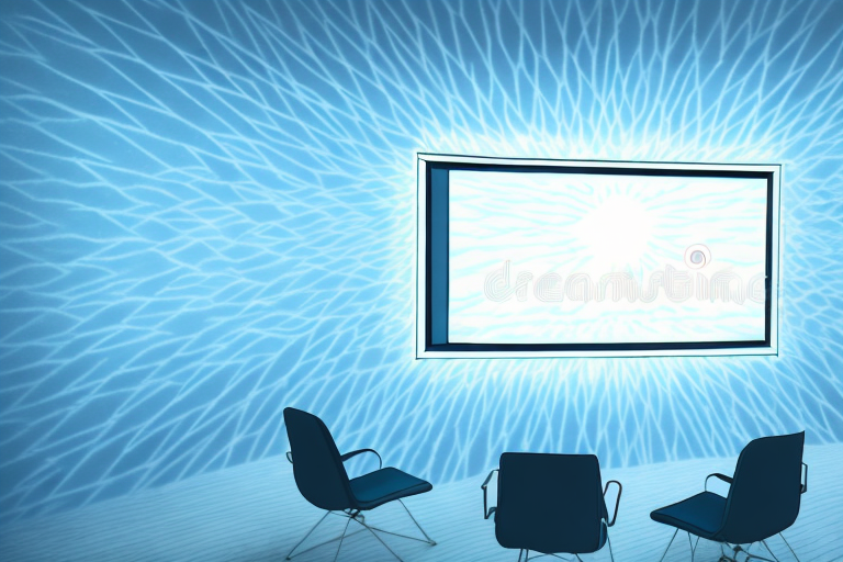 A projector and a screen in a room with light coming in from a window