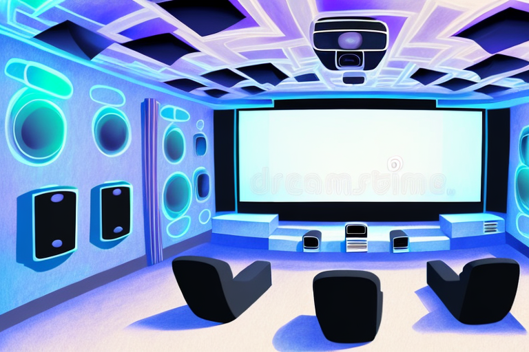 A home theater setup with a projector mounted on the wall or ceiling