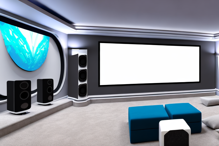 A home theater setup with a variety of different sized screens