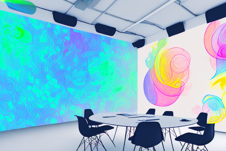 A projector screen with a variety of colors radiating from it