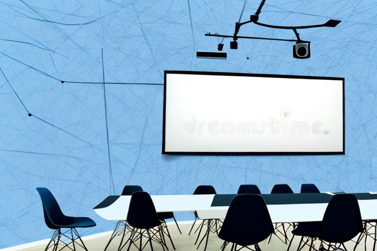 A room with a projector screen mounted on the wall