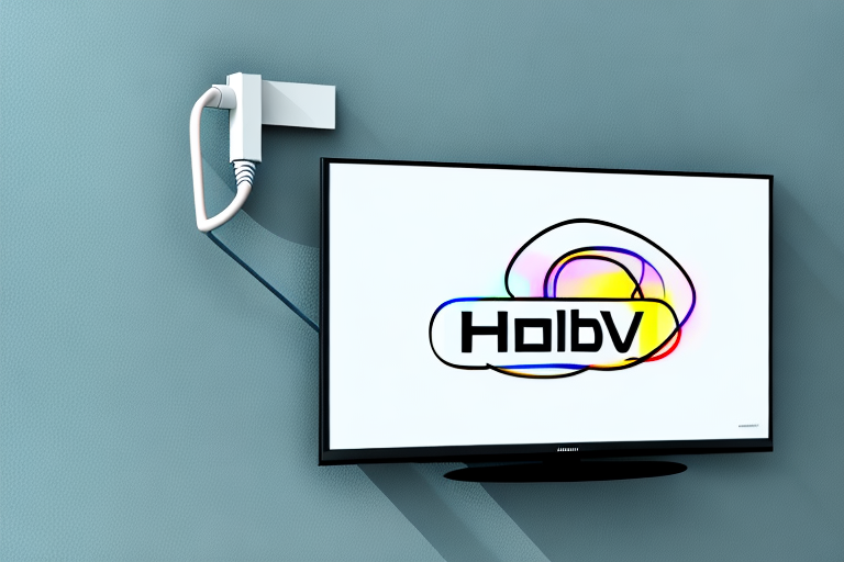 A wall-mounted television with a number of hdmi cables connected to it