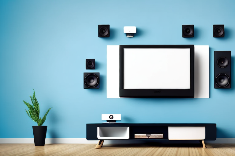 A wall-mounted television with a pair of speakers mounted on either side