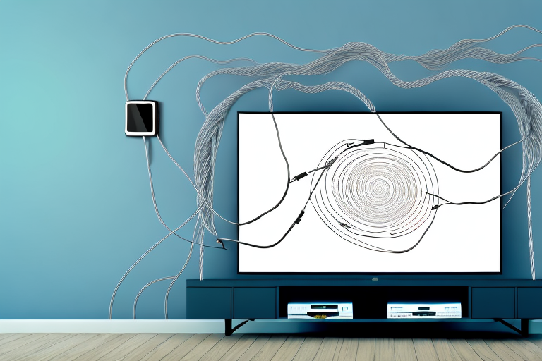 A wall with cables running from a wall-mounted tv to a power outlet