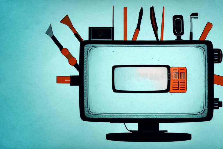 A television mounted on a wall with tools and supplies to fix it
