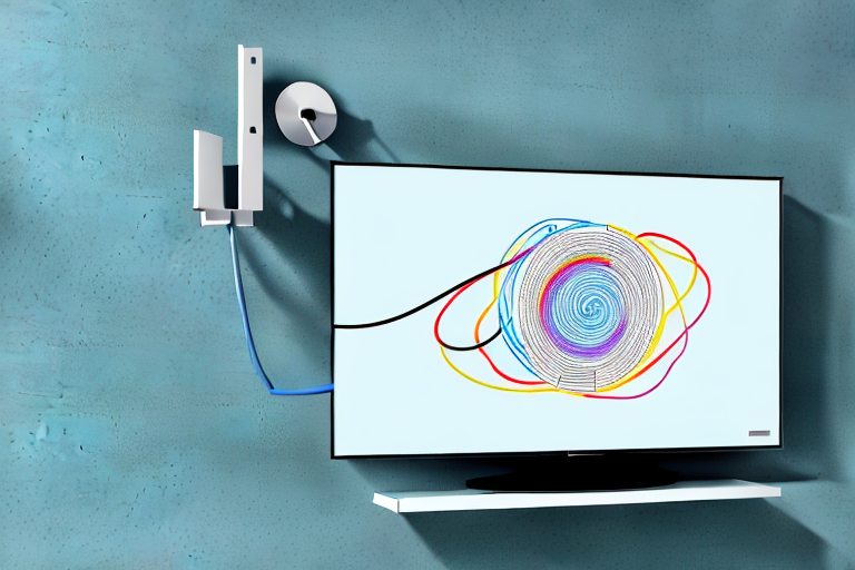 A wall-mounted television with cables connected to it