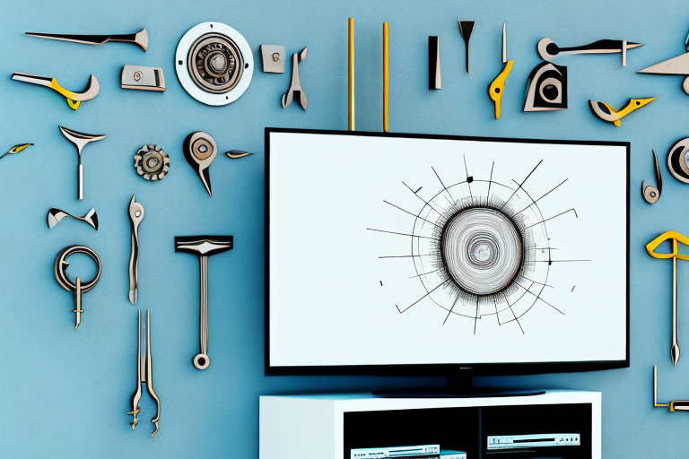 A wall-mounted television with the tools and components needed to install it