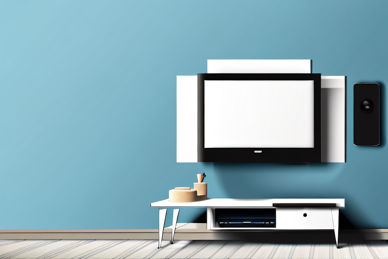 A wall-mounted tv stand with a tv mounted on it