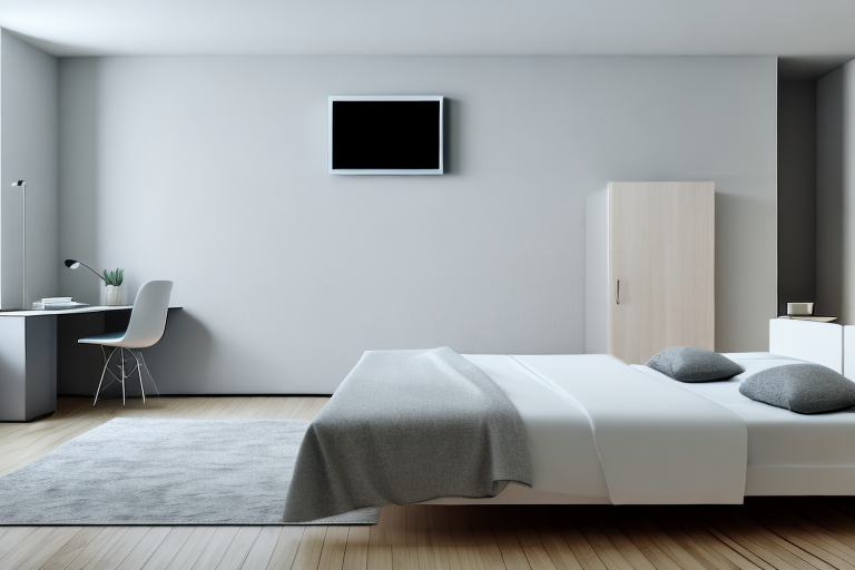 A bedroom with a mounted tv on the wall