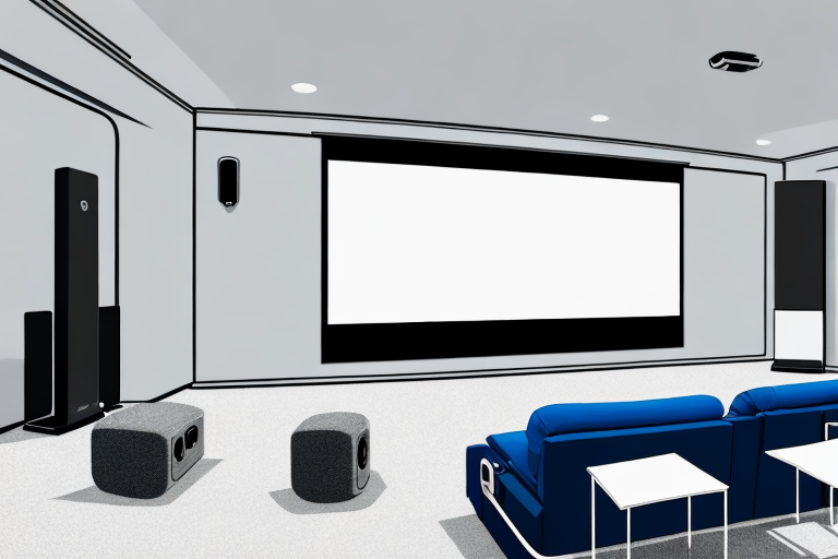 A large home theater room with a yamaha ysp-5600 soundbar in the center