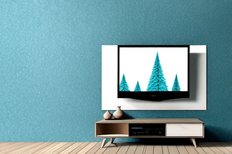 A wall with a tv mounted at a height that is suitable for a fir tree