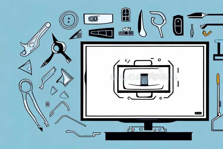 A wall-mounted flat-screen television with the necessary tools and equipment used to install it