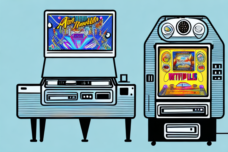 A pinball machine with a television mounted on top