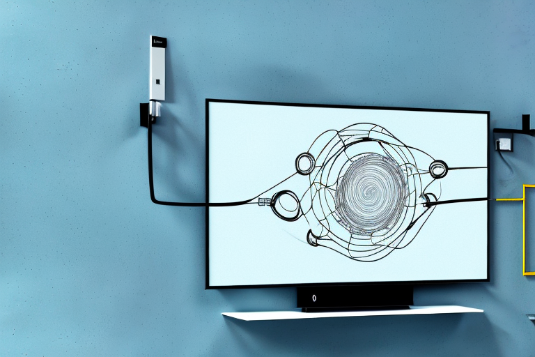 A flat-screen tv mounted on a wall with the cables and mounting hardware visible