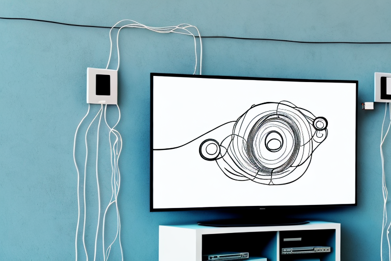 A wall-mounted television with the necessary cables and equipment