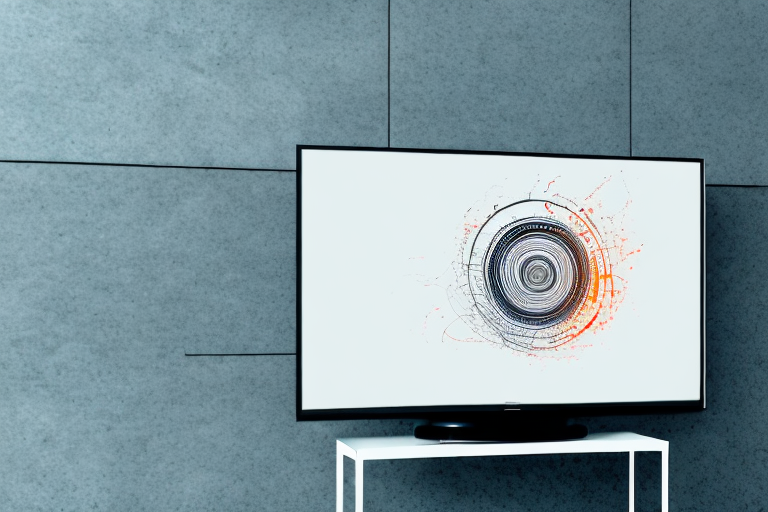 A wall-mounted television with a metal track mounted underneath