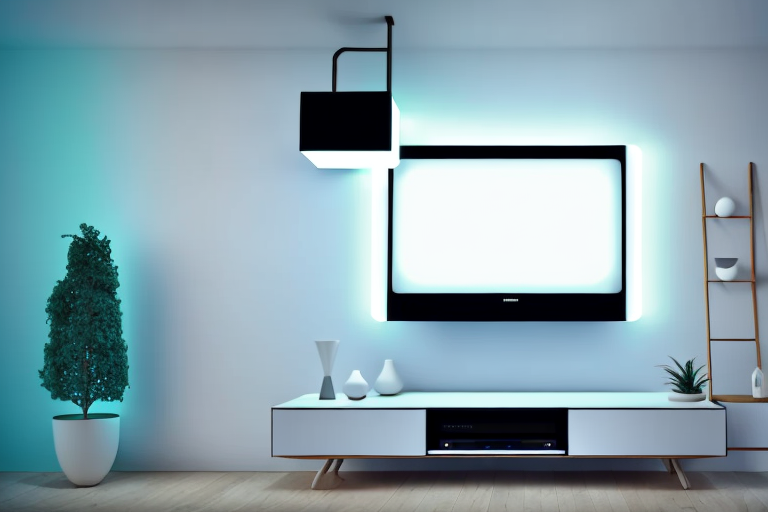 A wall-mounted tv with a phillips hue light mounted behind it