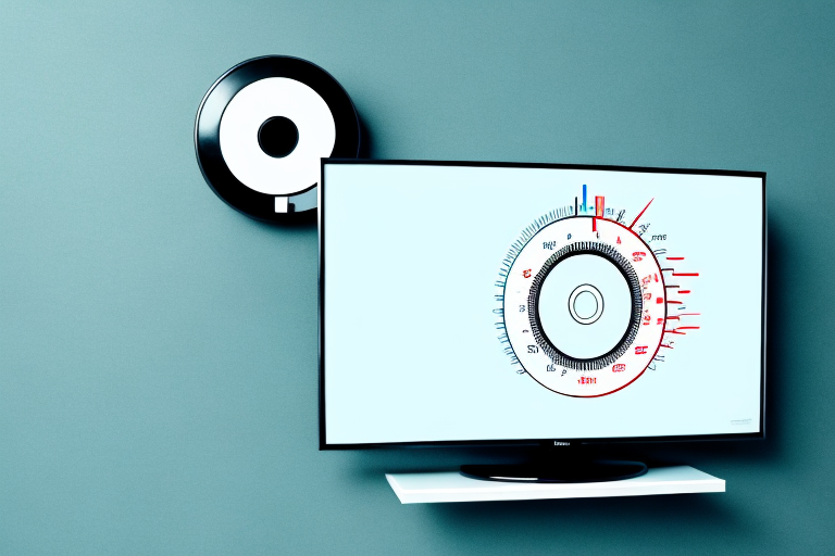 A wall-mounted television with a level and measuring tape to show how to center it
