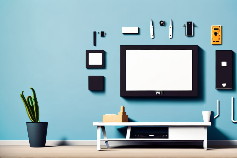A wall-mounted tv stand with the necessary components and tools