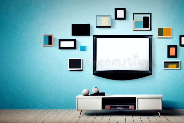 A wall with a television mounted on it at various heights