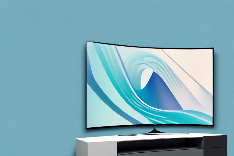 A curved samsung tv mounted on a wall