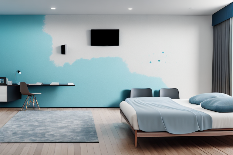 A bedroom with a tv mounted on the wall