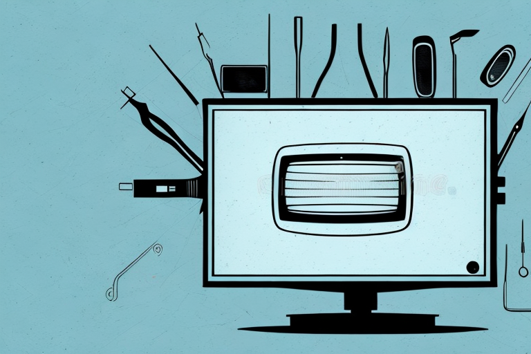 A tv mounted on a wall with the necessary tools and equipment