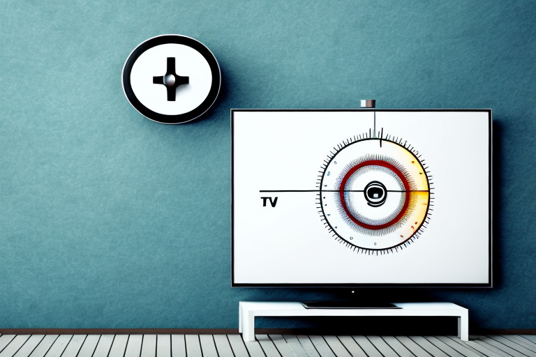 A wall-mounted tv with a measuring tape and level