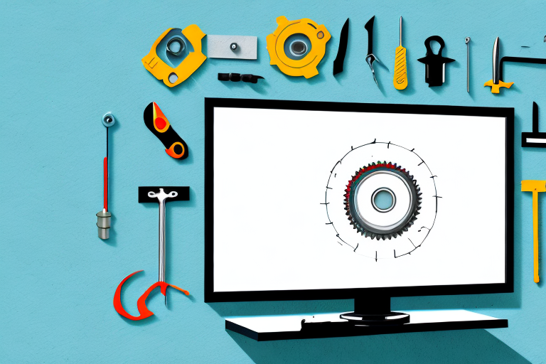 A flat screen tv mounted on a wall with the necessary tools and hardware