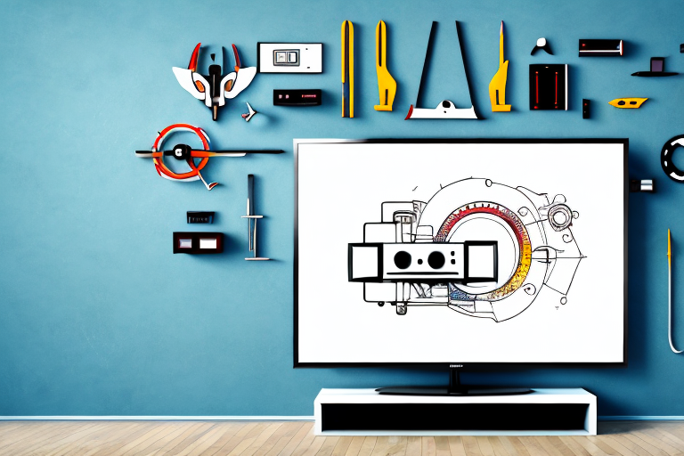 A wall-mounted tv with all the necessary safety equipment and tools