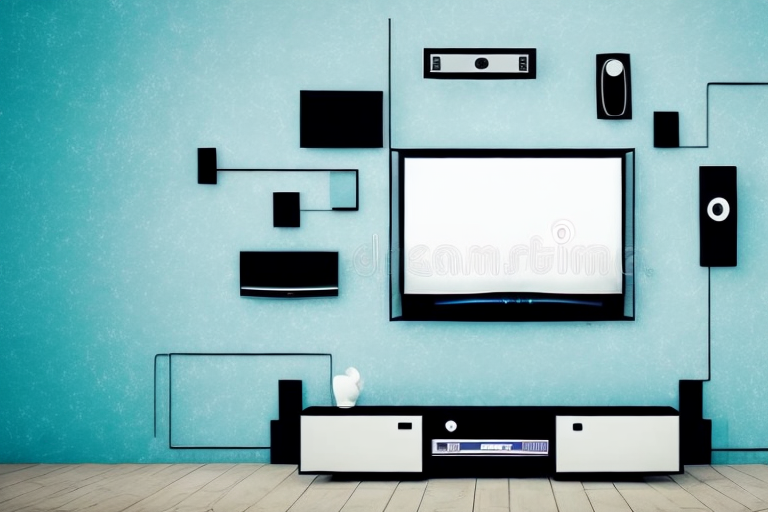 A wall with a television mounted on it at varying heights