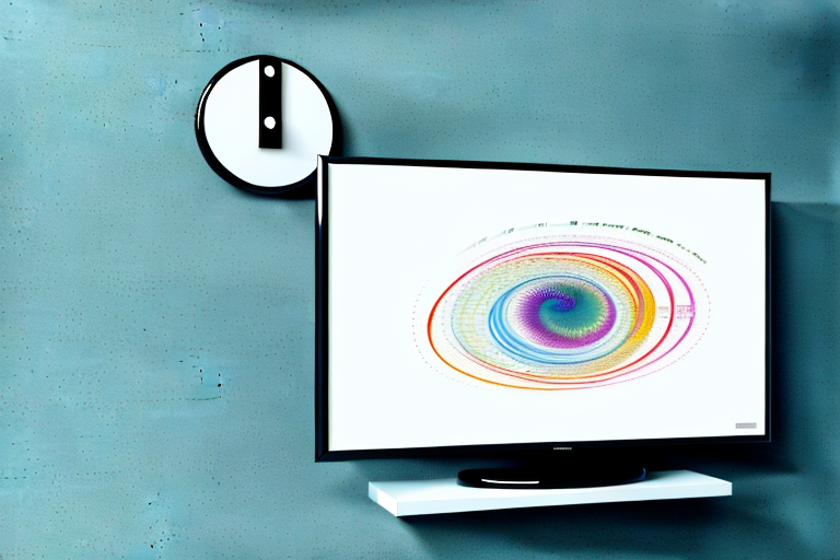 A wall-mounted television with a measuring tape showing the optimal height