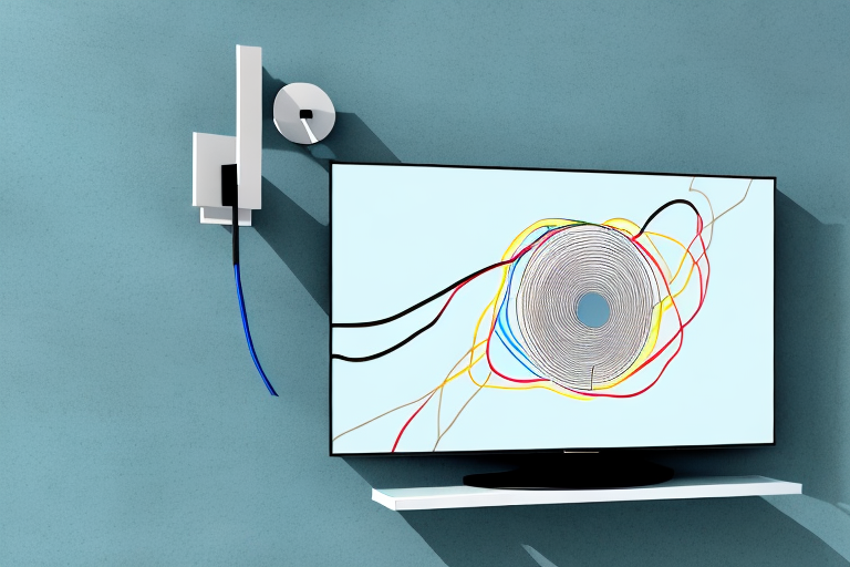 A wall-mounted television with cables connected to it
