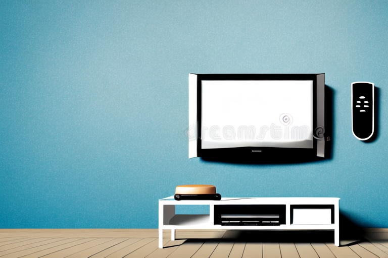 A wall-mounted tv stand with a remote control in the foreground