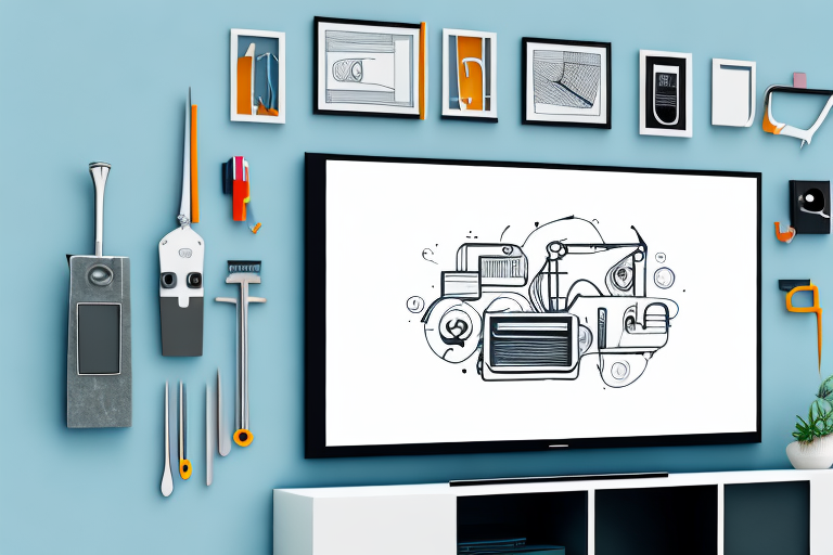 A wall-mounted wide-screen tv with a set of tools and accessories