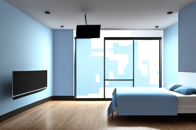 A bedroom with a tv mounted on the wall at a height that is appropriate for viewing