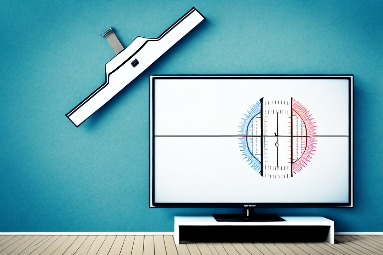 A tv mounted on a wall with a ruler measuring the height