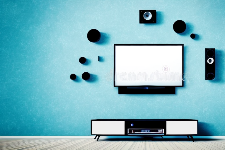 A wall with a tv and sound bar mounted on it
