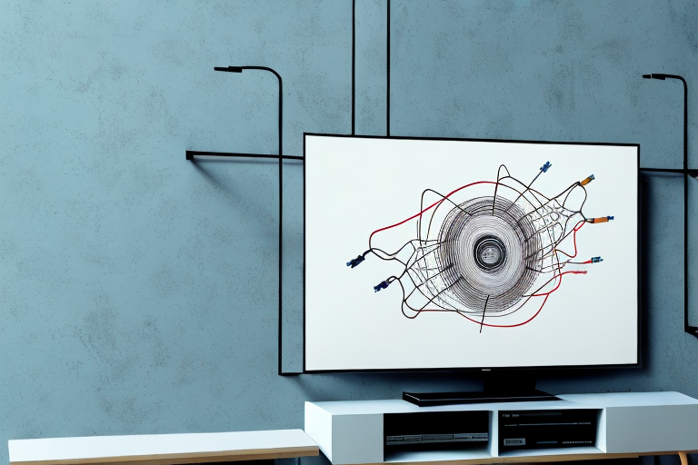 A wall-mounted tv with its cables and components