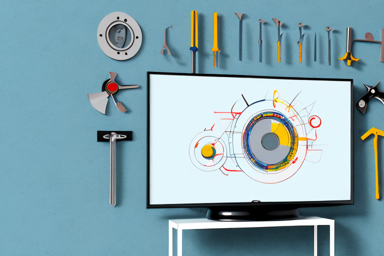 A flat tv mounted on a wall with the necessary tools and hardware