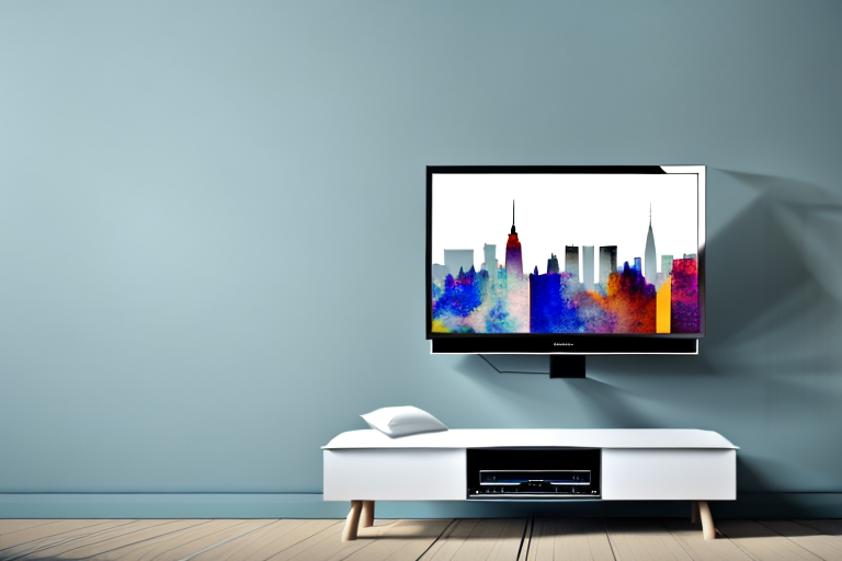 A wall-mounted television in a room with a manhattan skyline view