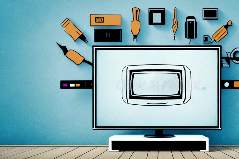 A wall-mounted tv with tools and equipment around it
