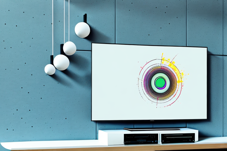 A wall-mounted tv with an echogear sound bar mounted below it