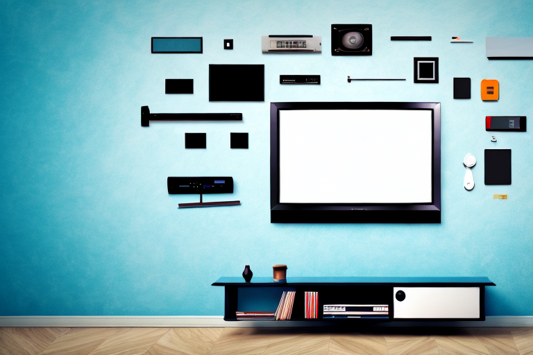 A wall with a tv mount and various tools for installation