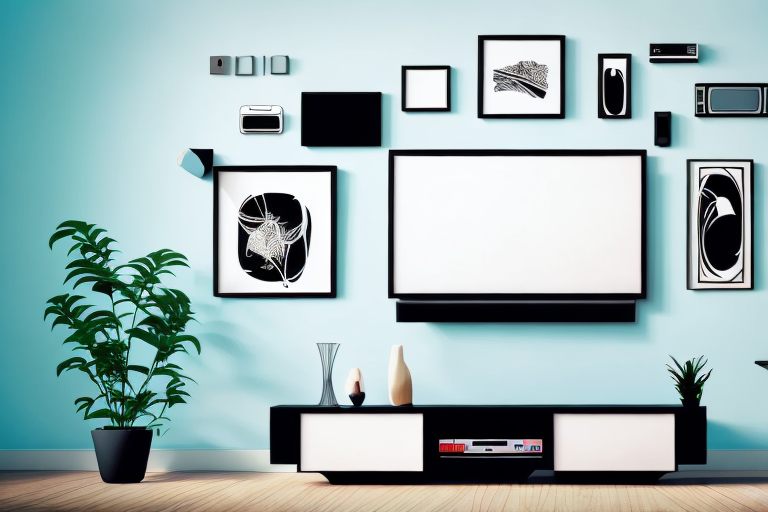 A living room with a wall-mounted tv and a variety of decorative elements