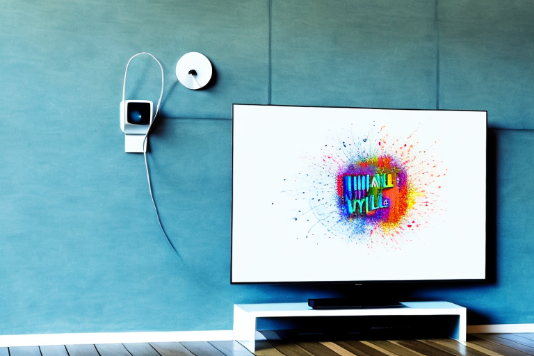 A wall-mounted television with the cords connected